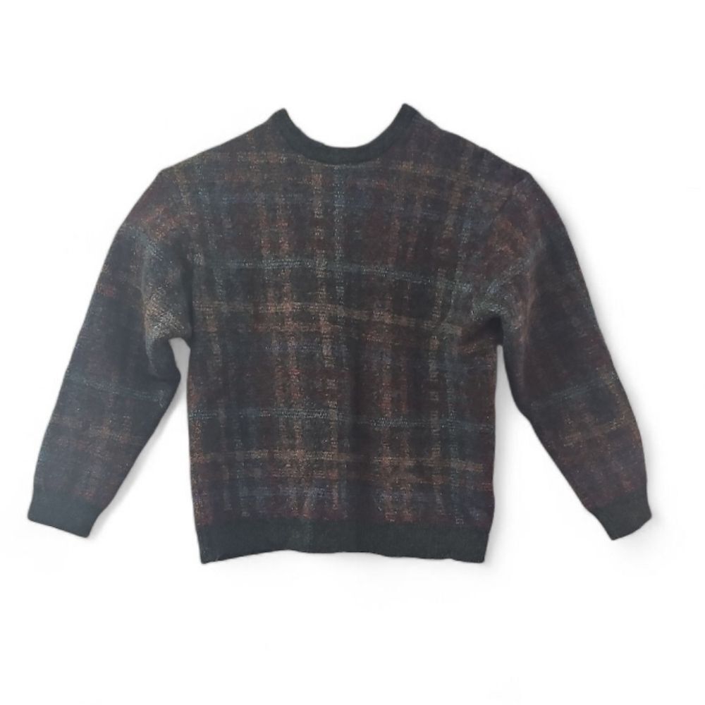 Tricots St. Raphael 100% Wool Plaid Sweater Kids XL Brown Multicolor Vintage